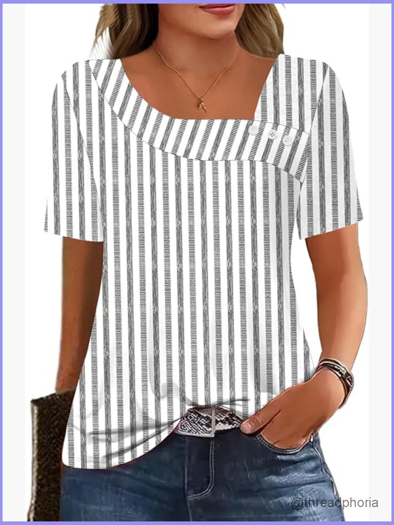 Asymmetrical Square Neck Button Down Flowy Blouse